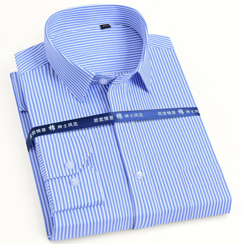 Camisas masculinas clássicas de manga comprida, sólido, listrado, vestido básico, bolso único, negócio formal, ajuste regular, escritório, camisa social