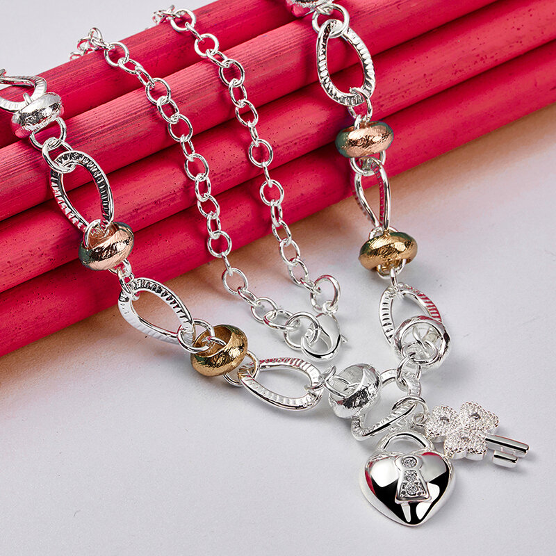 SHSTONE 925 Sterling Silver Necklace For Woman Geometry Heart Lock Key Chain Lady Party Birthday Gift Wedding Fashion Jewelry