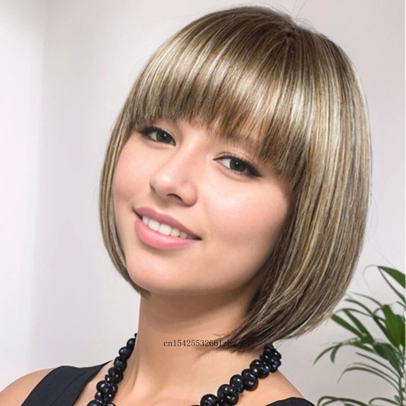 Synthetic Bob Wig with Bangs Short Haircuts Mix Brown Wigs for Women Highlights Color Mommy Wigs Daily Wear Outfits Wig Natural
