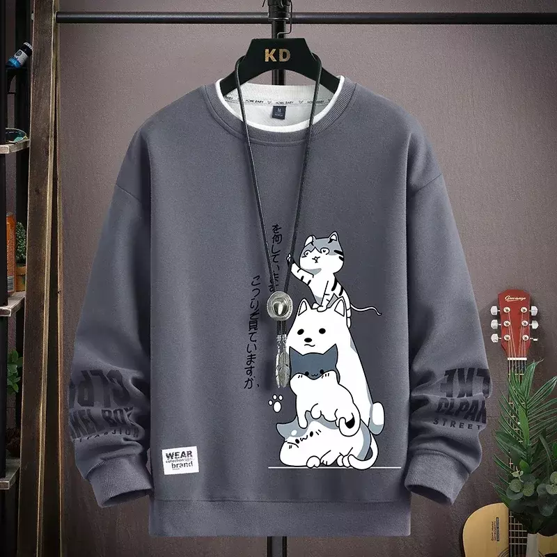 Sweat-shirt à manches longues pour hommes, haut imprimé chat de dessin animé japonais, Harajuku High Street, vêtements décontractés à la mode, automne