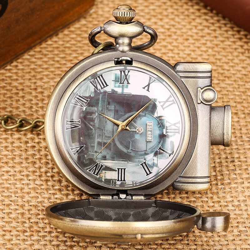 Steampunk หัวรถจักรรูป Retro Quartz กระเป๋านาฬิกา Fob Chain จี้สร้อยคอบรอนซ์วินเทจพ็อกเก็ตนาฬิกาของขวัญชาย