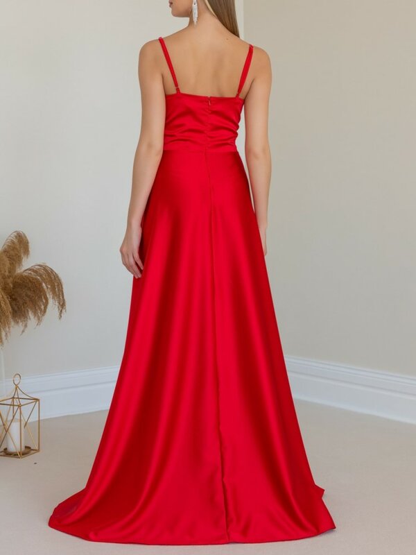 Sexy cetim formal noite wrap vestido para mulher cinta de espaguete com decote em v sem mangas comprimento total clube vestido de festa longo maxi vestido vermelho