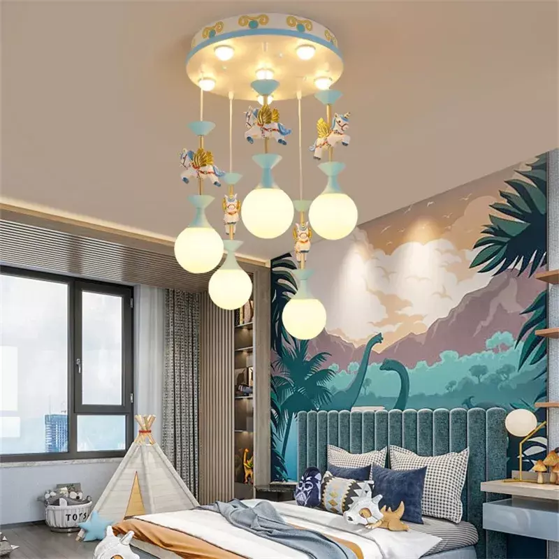 Cartoon Children's Lamp LED Ceiling Light for Boys and Girls Bedroom with Cute Animal Chandeliers Rotating Carousel Design