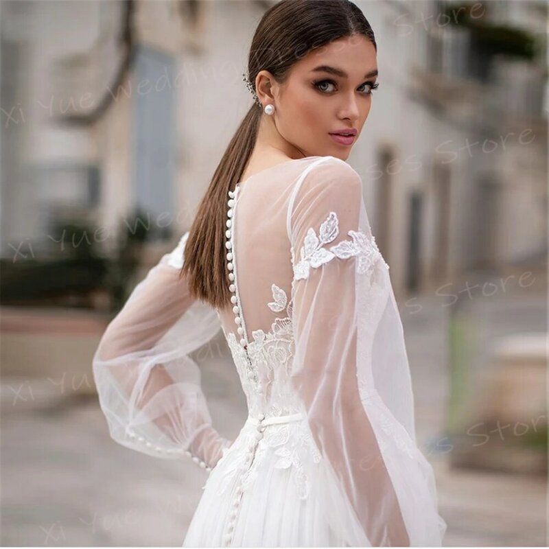 Neue charmante eine Linie Frauen Brautkleider anmutige Spitze Applikationen Brautkleider Langarm Knopf Illusion vestido de noivas