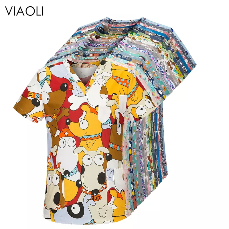 Viaoli-uniforme de algodón con estampado de dibujos animados para mujer, ropa de spa, salón de belleza, tienda de mascotas, top ajustado, bata de laboratorio