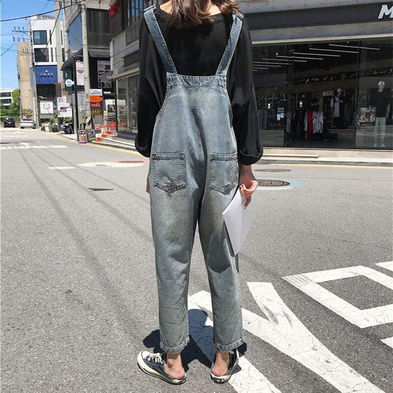 Комбинезоны женские винтажные Свободные Студенческие в стиле бойфренд Harajuku Ulzzang джинсовые универсальные повседневные брюки в Корейском стиле женский комбинезон