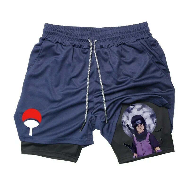 Pantalones cortos de compresión de gimnasio de Anime para hombres, pantalones cortos de rendimiento 2 en 1 con bolsillo para teléfono, secado rápido, correr, entrenamiento, Fitness