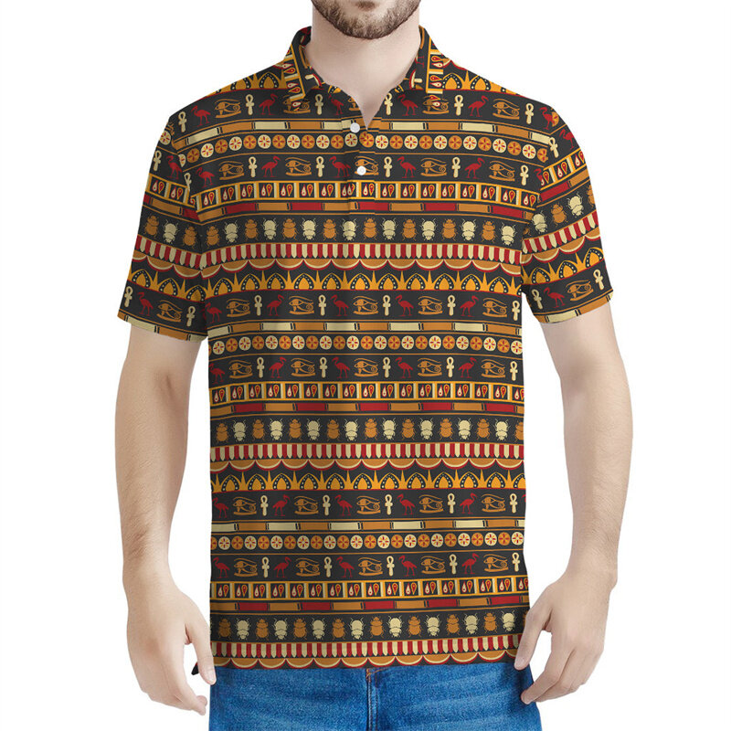 Polo à motif de prairie égyptien pour hommes, t-shirts totem égyptien imprimé en 3D, t-shirt streetwear décontracté, bouton de revers, manches courtes