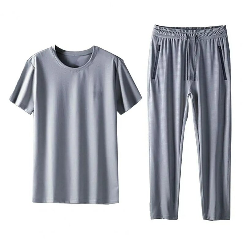 Conjunto de pantalones y Camiseta con cuello redondo para hombre, traje deportivo informal, cintura elástica con cordón, cómodo