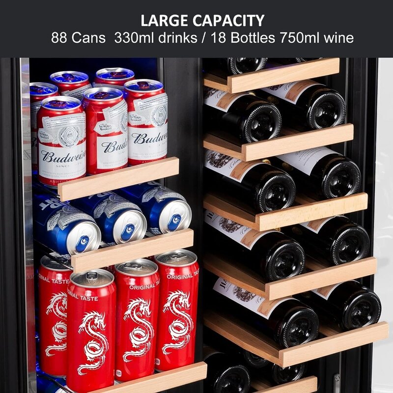 Refrigerador embutido com sistema poderoso e silencioso, prata de aço inoxidável, KMYL120, 18 garrafas e 88 latas de capacidade