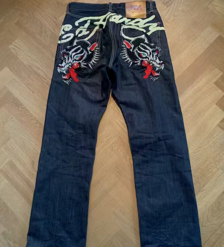2024 y2k retro high street tiger jeans European and American street hip-hop men's slim dark straight long pants jeans for women