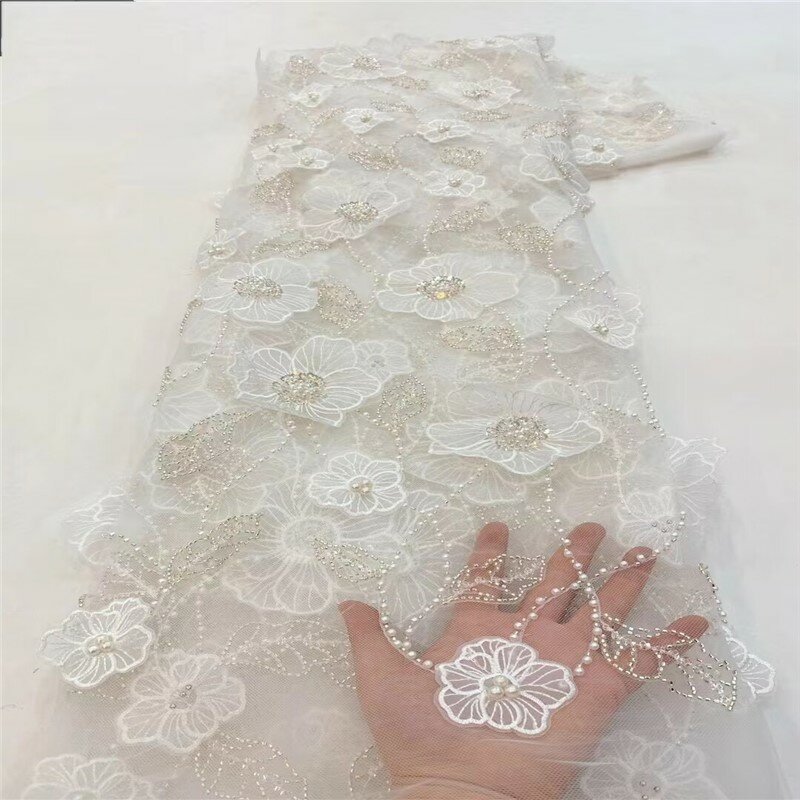 Tela de tubo de cuentas de burbujas de flores tridimensionales, vestido de novia bordado con lentejuelas, forro bordado