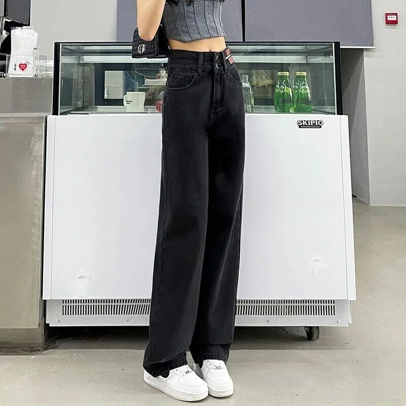 2023 New Spring Autumn Black Denim Pants Women Straight Sleeves Loose Legs High Waist Slimming Jeans Clothing In Large Sizes