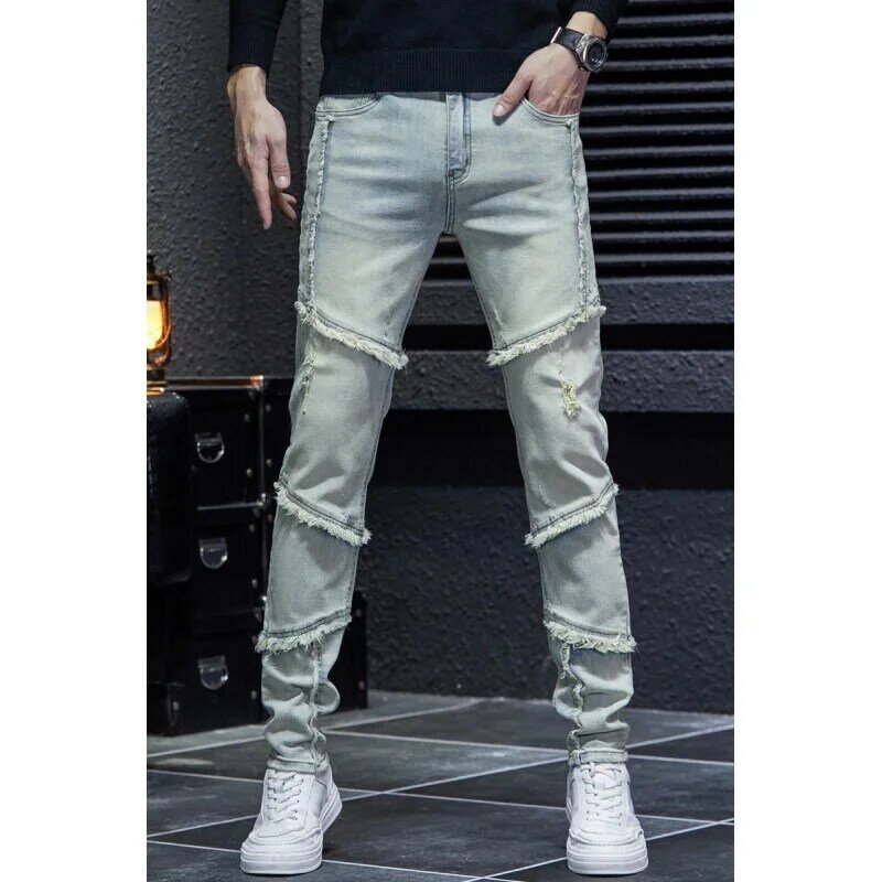 American High Street Jeans Men's Vintage Washed Frayed Casual Fashion Stitching Trendy Slim Stretch Straight Trousers