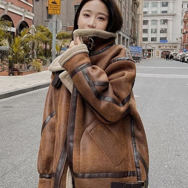 2023 Winter Sheepskin Faux Suede Jackets for Women Winter Warm Faux Fur Coat Women Long Sleeve Zipper Short Casual Jackets Coat