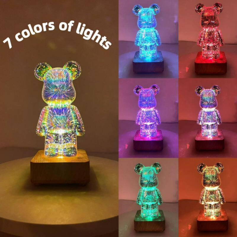 Luz LED nocturna de fuegos artificiales de oso 3D, proyector USB, lámpara ambiental cambiable de Color, adecuada para decoración de habitación de niños y dormitorio