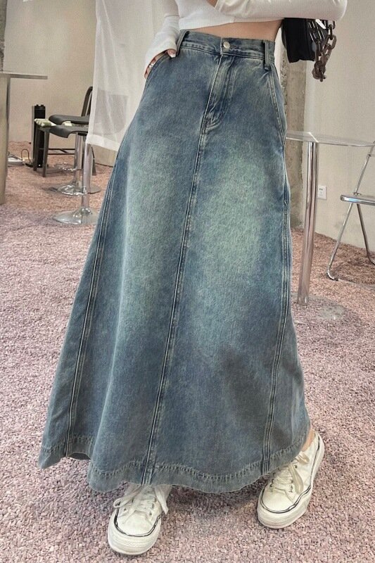 Jupe longue trapèze taille haute pour femme, bord brut, denim, vintage, grande balançoire