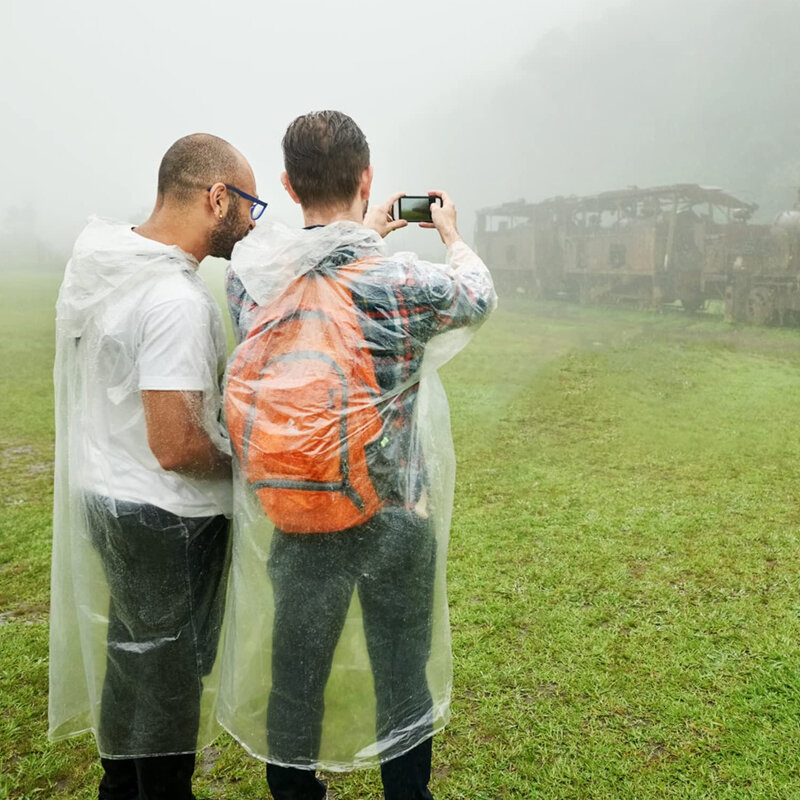 Jas hujan tahan air sekali pakai, 6 buah jas hujan ponco dewasa portabel transparan bepergian gunung mendaki luar ruangan