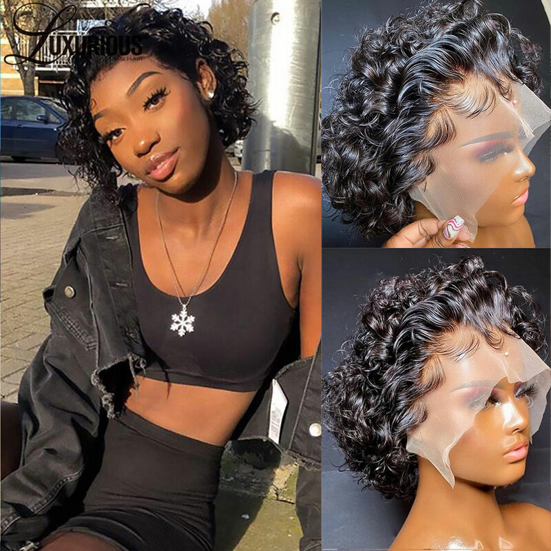 Pre Plucked 13x1 Lace Frontal Wigs Curly Pixie Cut Short Wigs For Black Women Brazilian Virgin Hair Transparent Lace Front Wigs