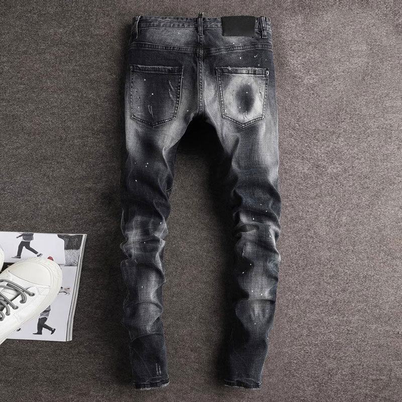 Markowe męskie dżinsy wysokiej jakości Retro czarny szare rozciągliwe dopasowanie dopasowane elastyczne porwane jeansy mężczyzn Hip Hop markowe spodnie Hombre