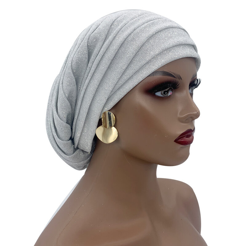 Glitter Pleated African Turban Cap Women's Head Wraps Nigeria Party Headpiece Female Wedding Auto Gele Headdress Beanie