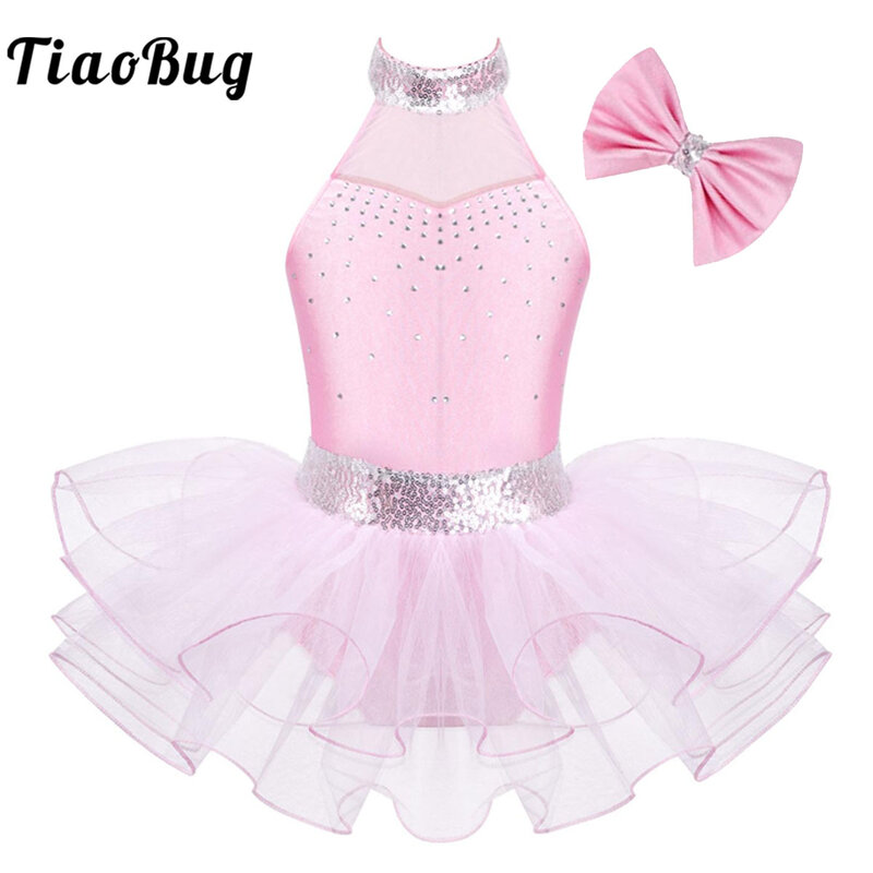 Vestido de balé Tutu com lantejoulas para meninas, malha tule, collant bailarina, trajes de ginástica, vestidos de dança halter, roupa infantil