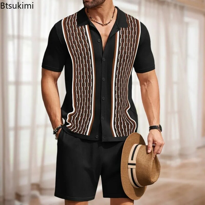 Summer New Ice Silk Knitted Sets Men's Casual Jacquard Short-sleeved Polo Shirt and Shorts Two Piece Sets Men Business Slim Suit