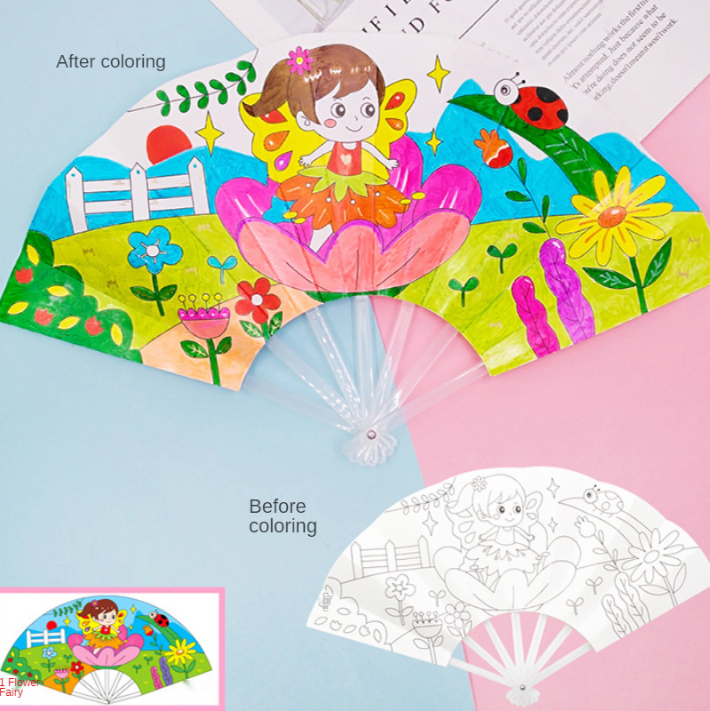 Pintura ventilador de verano DIY juguetes para niños dibujos animados animales Color Graffiti Origami ventilador arte artesanía juguete dibujo creativo niños
