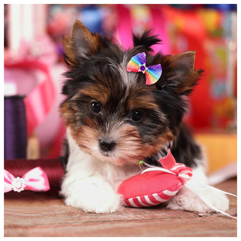 20 Stuks Ranbow Stijl Hond Hond Haarstrikken Met Diomand Parel Kleurrijke Verzorging Hond Strik Cadeau Voor Kleine Hond Kat Hond Accessoires