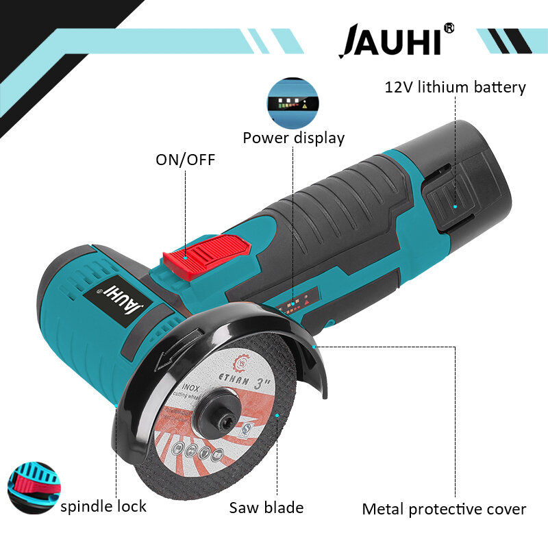 JAUHI 12V 19500rpm Cordless Angle Grinder Electric Grinding Cutter for Cutting Polishing Ceramic Tile Wood Stone Steel