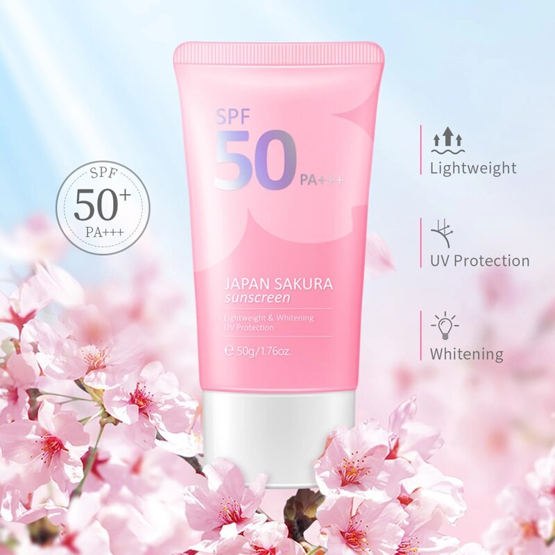 LAIKOU Krim Wajah Pemutih Tubuh Sakura Tabir Surya SPF50 + Menyegarkan Tahan Air Pelindung UV Concealer Pelembap Mencerahkan