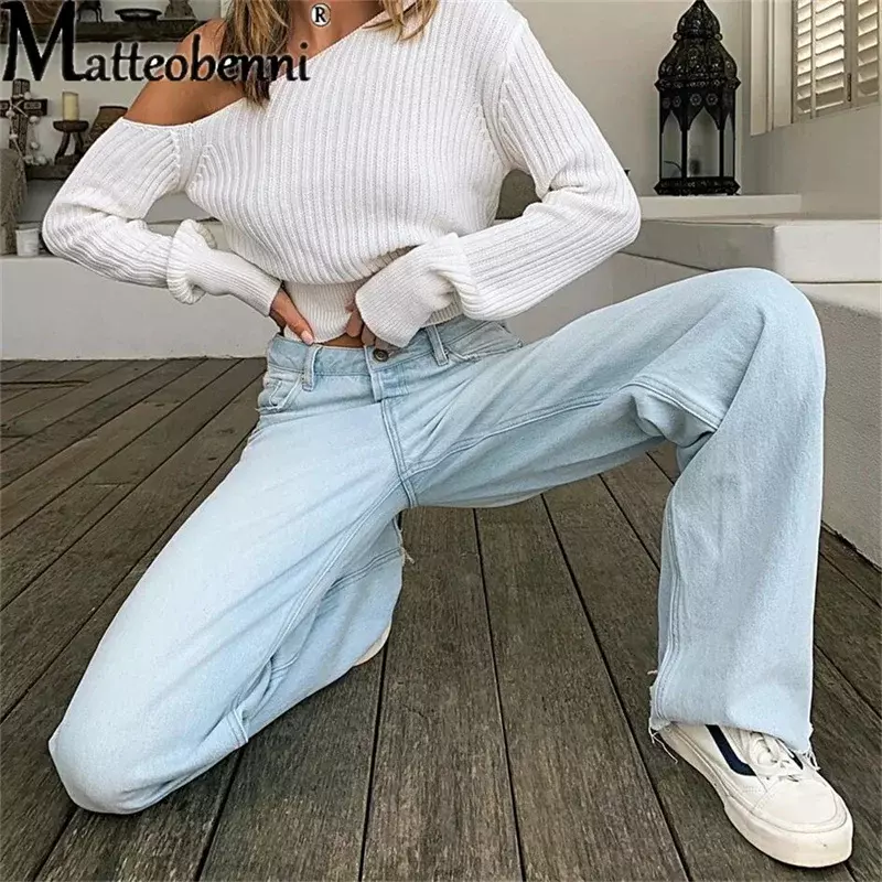 Jeans Pinggang Tinggi Wanita 2021 Celana Jeans Biru Antik Celana Denim Terusan Lurus Celana Jeans Kaki Lebar Jalan Longgar Panjang Wanita