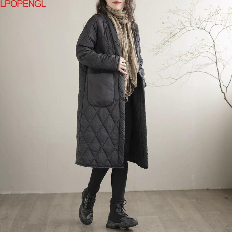New Down Cotton Jacket Winter Long Sleeved Fashion Mid Length Women's Loose Vintage Solid Streetwear Warm Single Breasted Coat