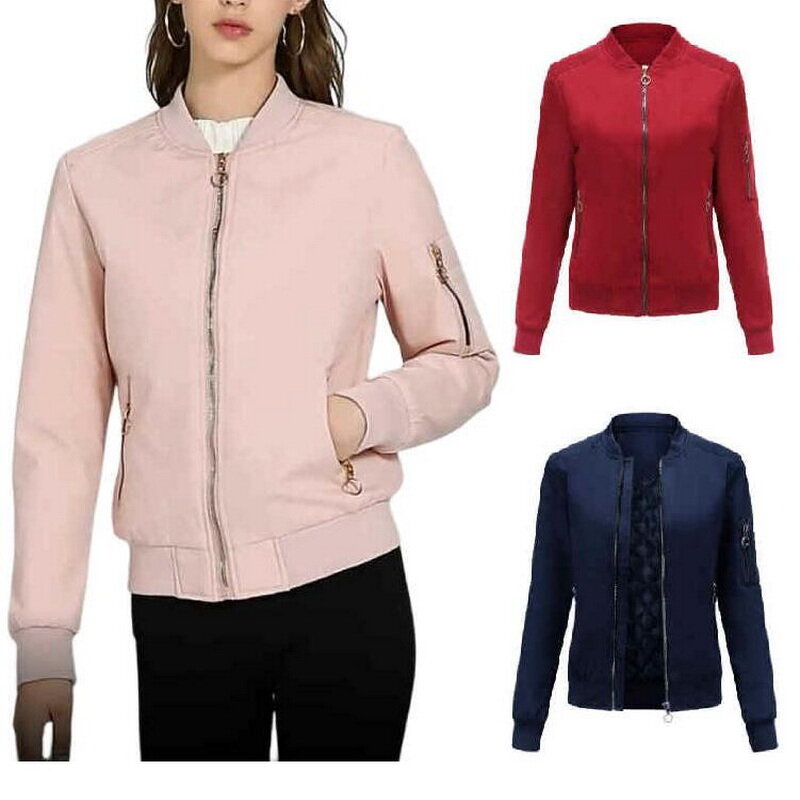 Jaket Bomber wanita, jaket kerah berdiri musim semi musim gugur, jaket bisbol wanita ukuran EU S-3XL