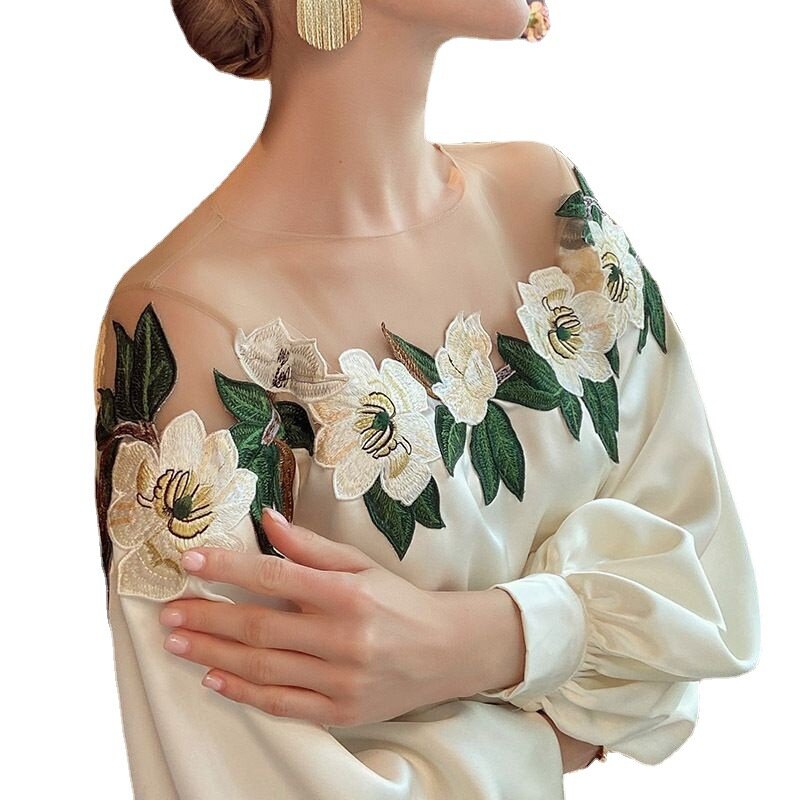 Женская блузка с длинным рукавом, Повседневная белая блузка с вышивкой из сетчатой ткани, лето-осень 2023