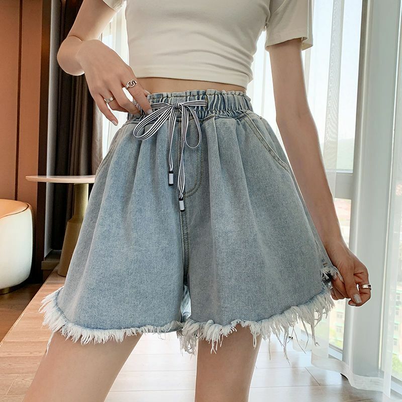 2024 Spring/Summer Korean Edition New Large Size Denim Thin A-line Wide Leg Wide Elastic High Waist Women's Casual Shorts