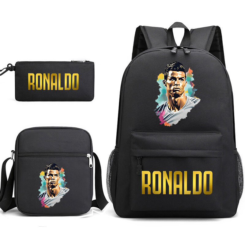 Ronaldo Print Backpack Set Campus Student School Bag Shoulder Bag Pencil Bag Black Style 3-piece Set