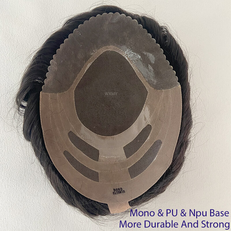 Bond Toupee dasar Mono pria dengan silikon kulit mikro depan dan belakang NPU rambut palsu rambut manusia alami sistem Exhuast