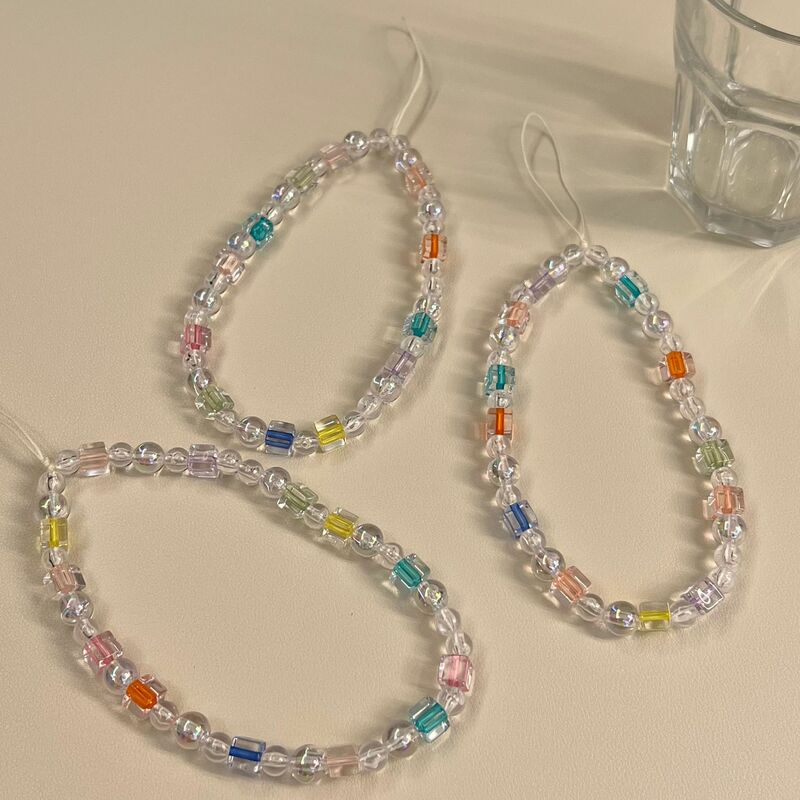 Simple Mixed Color Transparent Square Beaded Chain Mobile Phone Lanyard Accessories for Women Girls