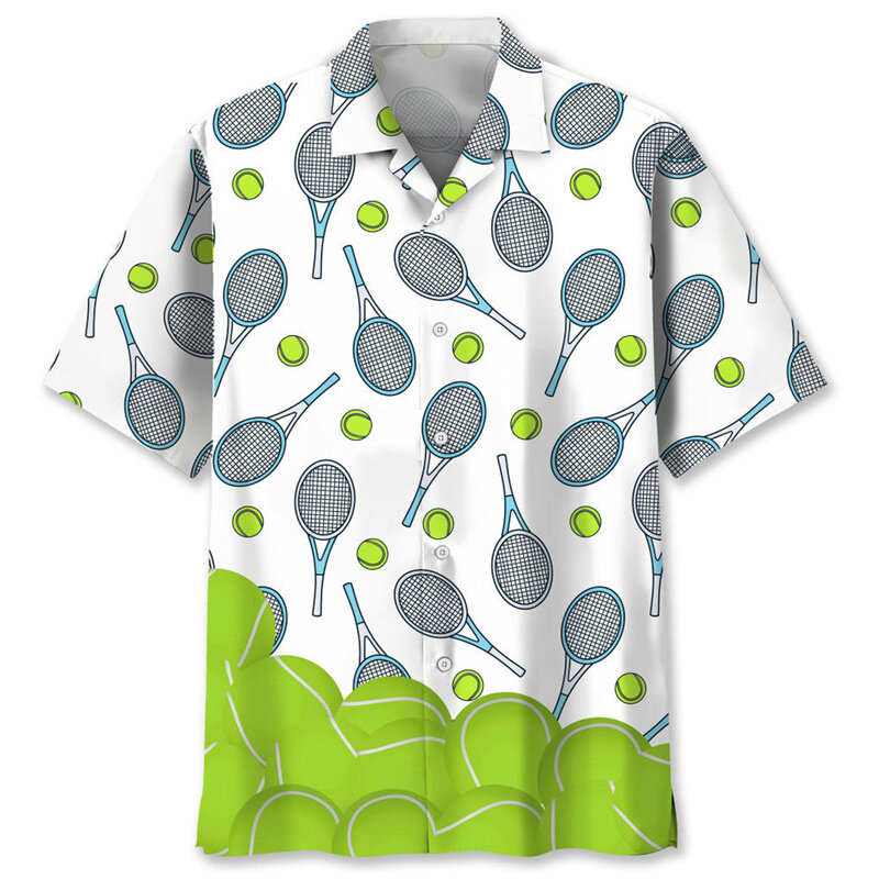 Tennis Ball Racket Pattern Hawaiian Shirt Men Fashion 3d Printed Sports Shirts Summer Street Short Sleeves Lapel Button Blouse