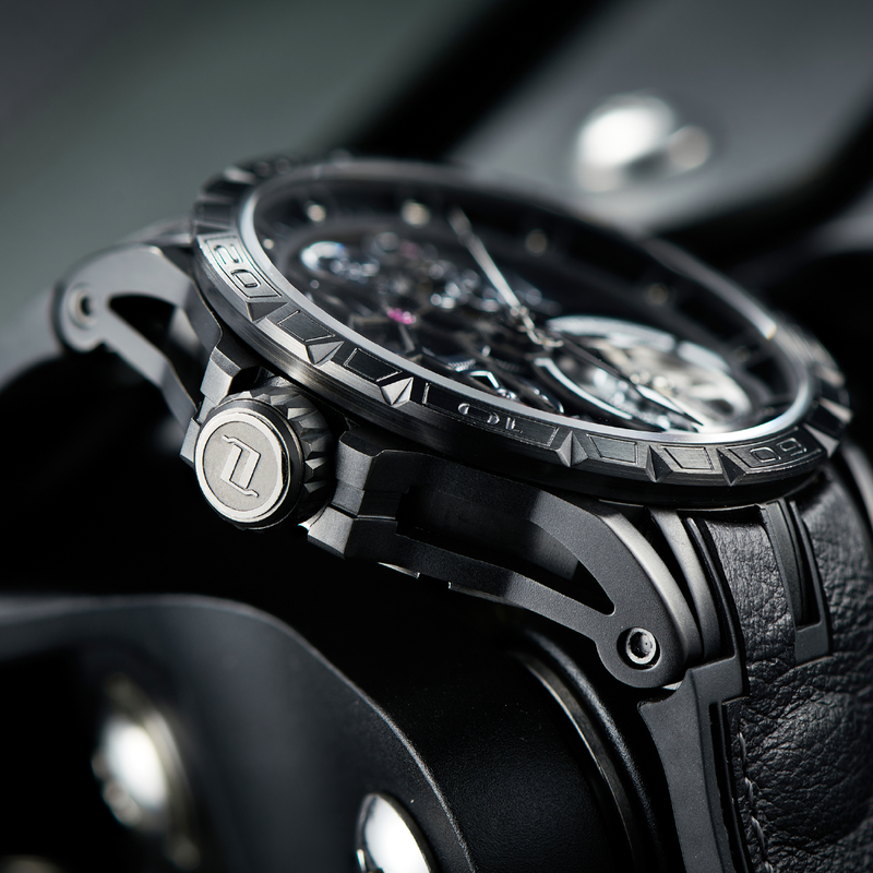 Wszystko czarne sportowy szkielet automatyczny zegarek mechaniczny OBLVLO dla mężczyzn samonawijający się gumowy pasek Sapphire wodoodporny LM