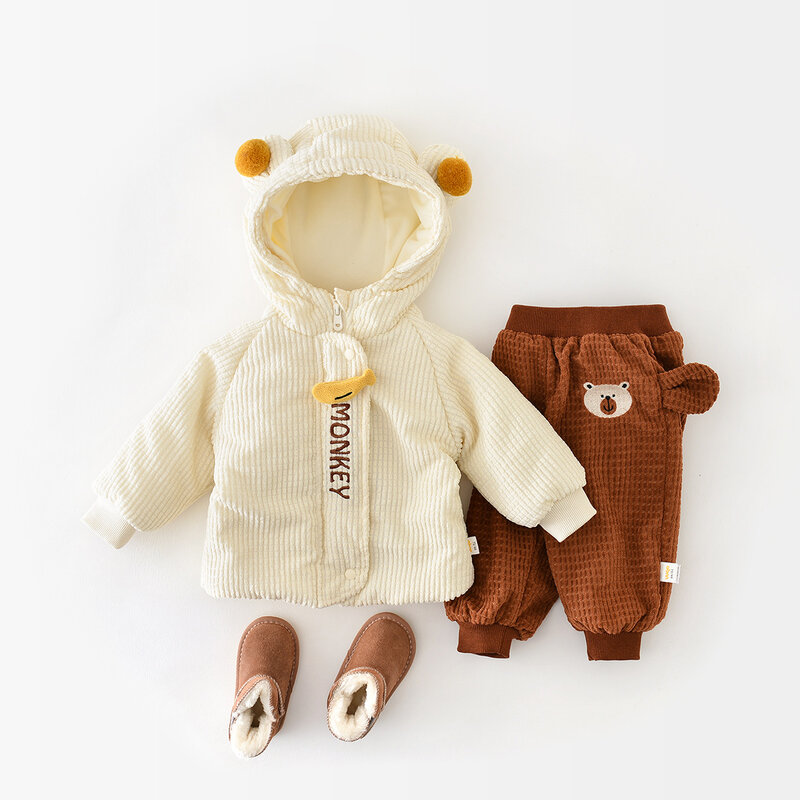 Autumn Winter New Baby Cotton-padded Coat With Velvet Thickened Child Corduroy Coat Kids Banana Monkey Print Down Jacket