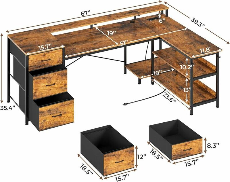 L-образный стол для дома и офиса с угловым блоком питания, компьютерный стол, полка для монитора