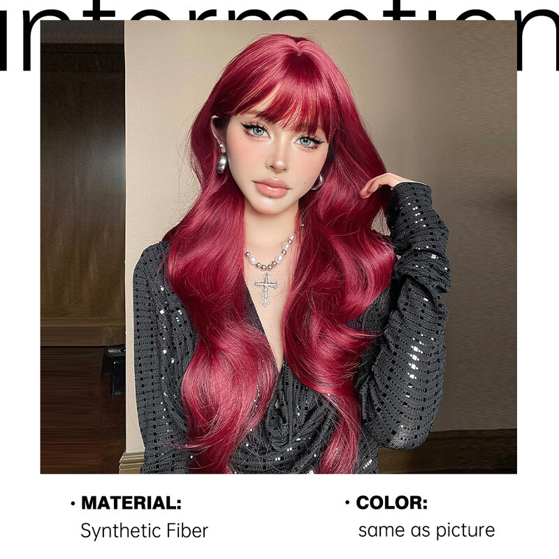ALAN EATON Red Hair Wigs with Bangs Long Body Wavy Wigs for Women Heat Resistant Synthetic Wig Red Party Cosplay Wig for Women