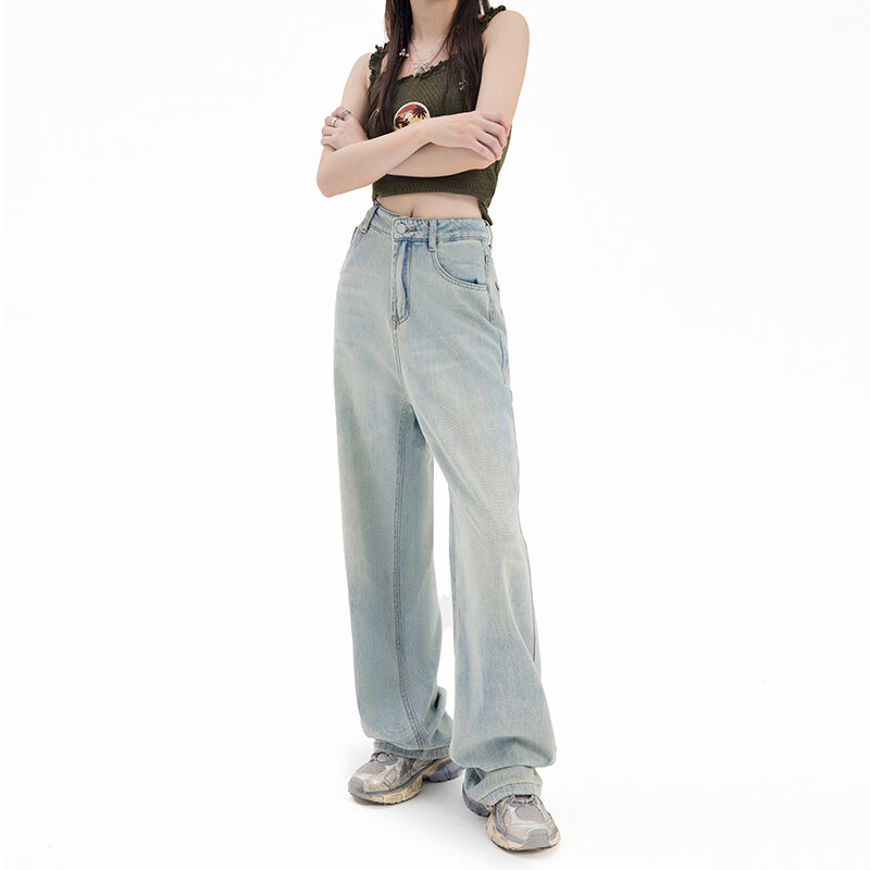 Calças jeans folgadas vintage femininas, jeans de perna larga feminina, calças soltas, streetwear extragrande Y2K, moda coreana