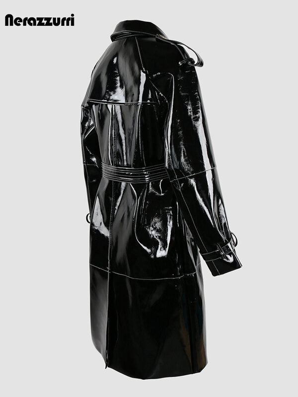 Nerazzurri-ベルト付きの女性用ロング光沢のあるパテントPUレザートレンチコート、ダブルブレスト、高級デザイナー服、黒、赤、秋、2023