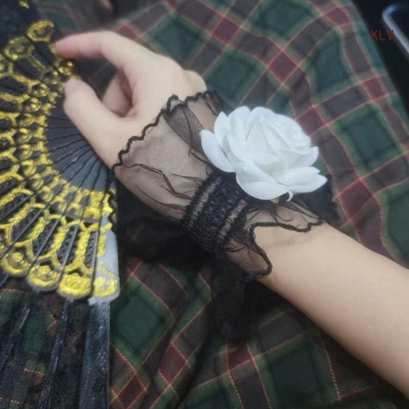 Y2K Floral Rose Lace Cuff Stretch Bracelet False Sleeves Wrist Cuffs Vintage Sheer Floral Lace Wrist Gloves