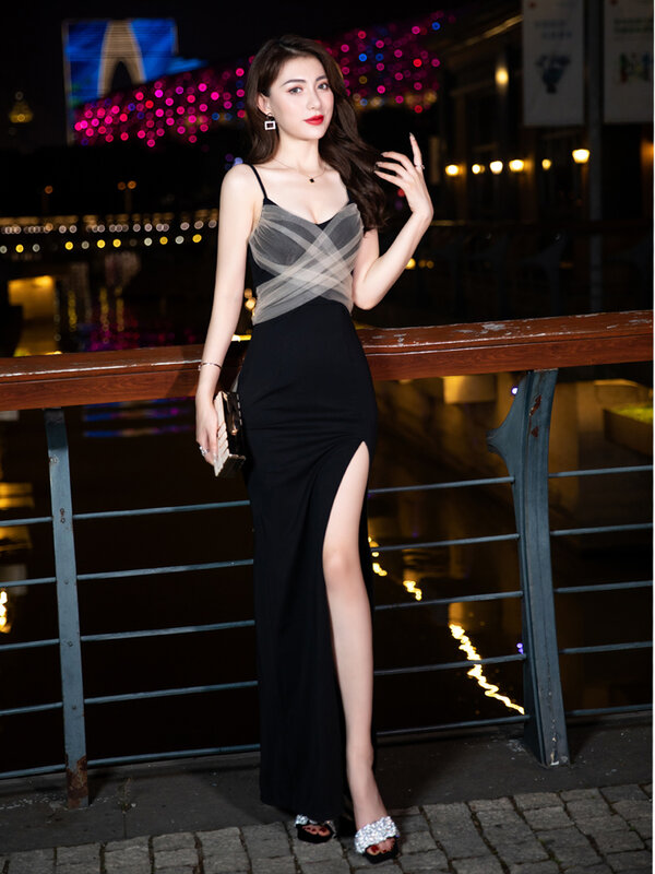Сексуальное черное вечернее платье, облегающее длинное платье с подтяжками для ночного клуба