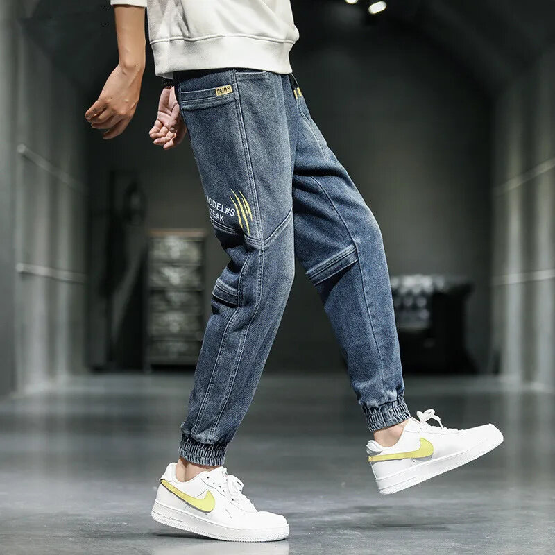 Джоггеры мужские до щиколотки, японские толстые эластичные джинсовые штаны, свободные брюки из денима, брюки оверсайз в стиле хип-хоп для мальчиков-подростков