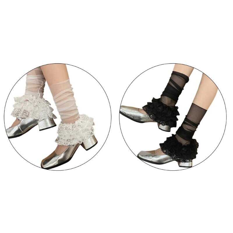 Couvre-jambes en maille transparente pour femmes, chaussettes longues évasées en dentelle à volants à plusieurs niveaux,